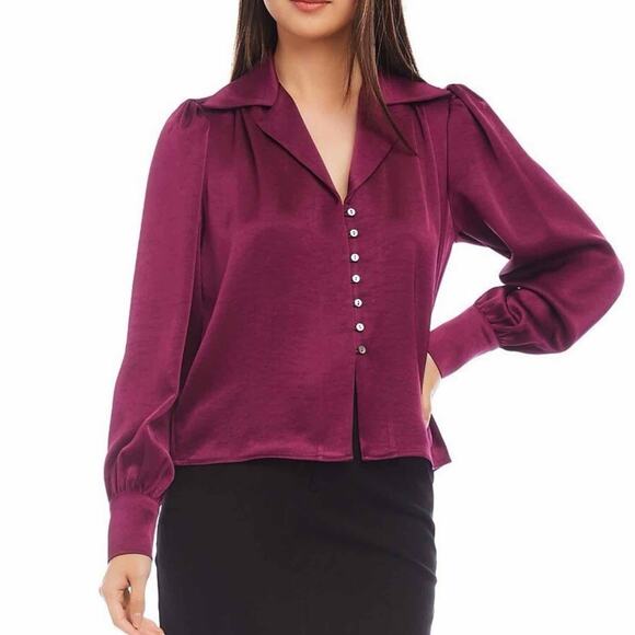 Karen Kane Shirred Blouse Wine Collared Long Sleeve Button Front Large - Picture 1 of 8